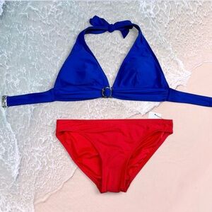 Michael Kors Blue Red Bikini set triangle moderate coverage silver accent size S